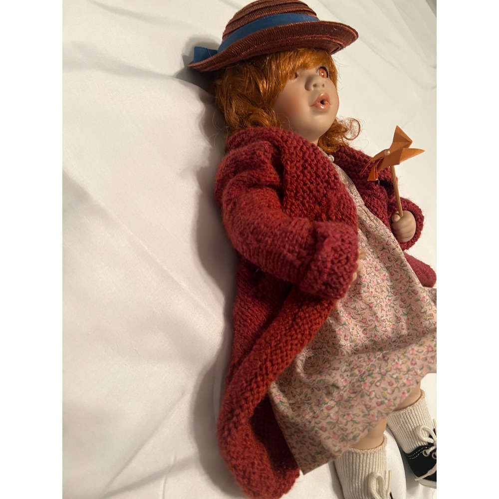 Vintage Porcelain Doll Red Hair, Floral Dress, Knit Sweater, Hat & Pinwheel - Picture 7 of 10